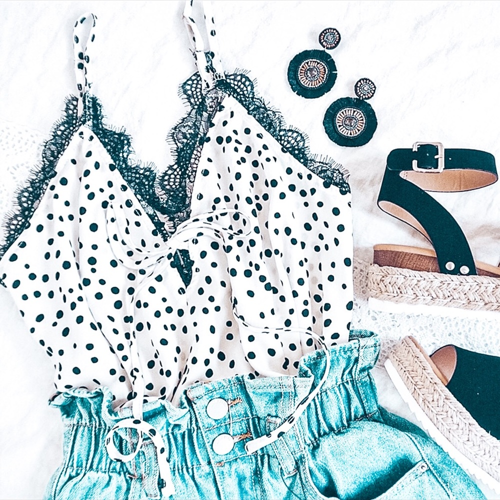 NEW! Polka Dot Scalloped Mesh Lace Silk Top - Picture 1 of 7